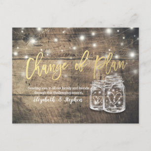 CHANGE OF PLAN WEDDING POSTPONEMENT MASON JAR WOOD ANNOUNCEMENT POSTCARD