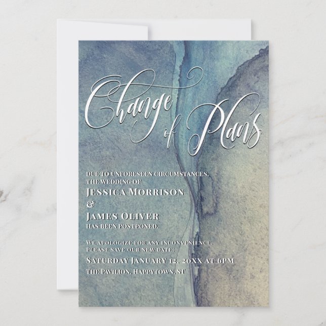 Change of Plans Artsy Blues Postponed Wedding Card (Front)