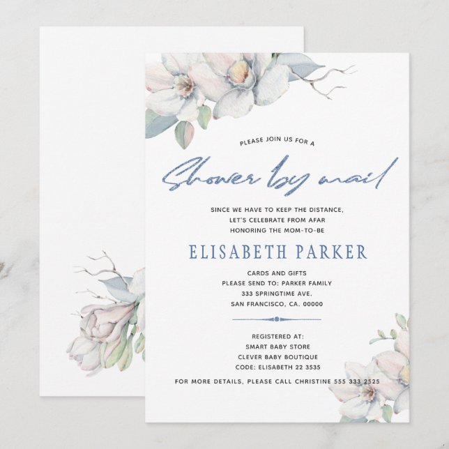 Change of plans blue floral baby shower by mail invitation (Front/Back)