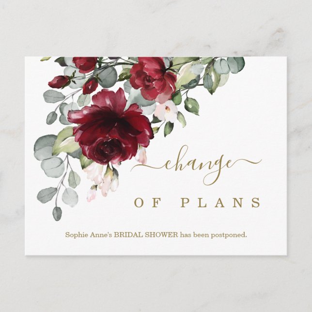 Change of Plans Burgundy Flowers Bridal Shower Postcard (Front)