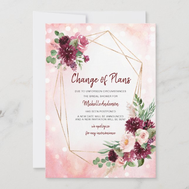 Change of Plans Burgundy Wine Gold Bridal Shower (Front)