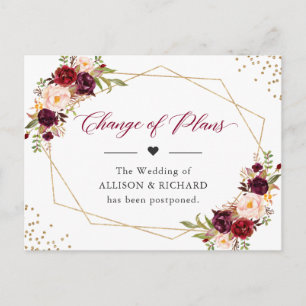 Change of Plans Date Burgundy Red Floral Geometric Postcard