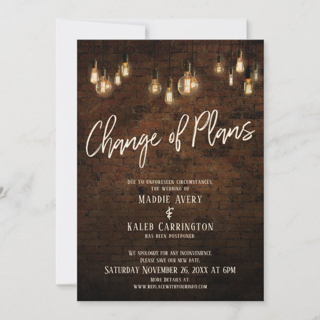 Change of Plans Edison Lights Postponed Wedding Invitation (Front)