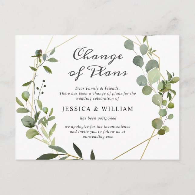 Change of Plans Elegant Eucalyptus Wedding Postcard (Front)