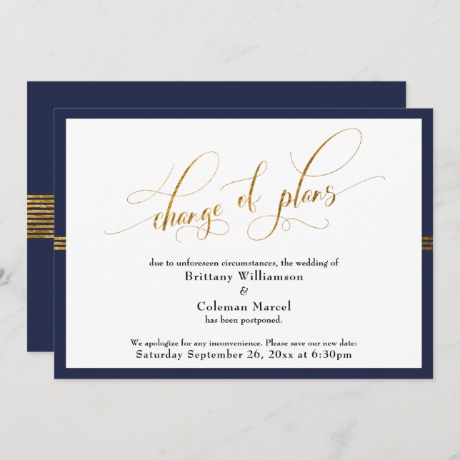 Change of Plans Elegant Navy w/ Gold Stripe Card (Front/Back)
