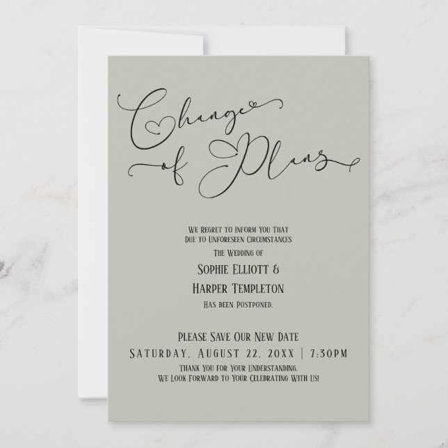 Change of Plans, Elegant Sage New Wedding Date Invitation (Front)