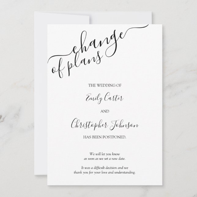 Change of Plans Elegant Script Black White Card (Front)