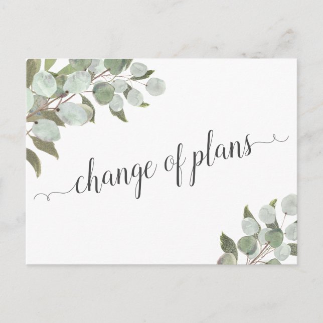 Change of Plans Eucalyptus Wedding Cancelled Announcement Postcard (Front)