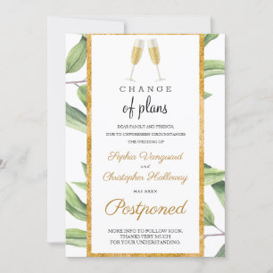 Change of Plans Gold Botanical Wedding Postponed Invitation