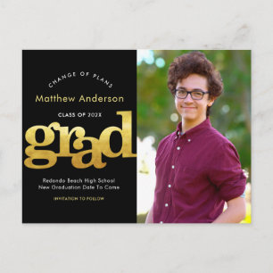 Change of plans graduation black gold typography invitation postcard