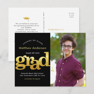 Change of plans graduation black gold typography invitation postcard