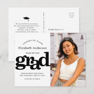 Change of plans graduation bold black typography invitation postcard
