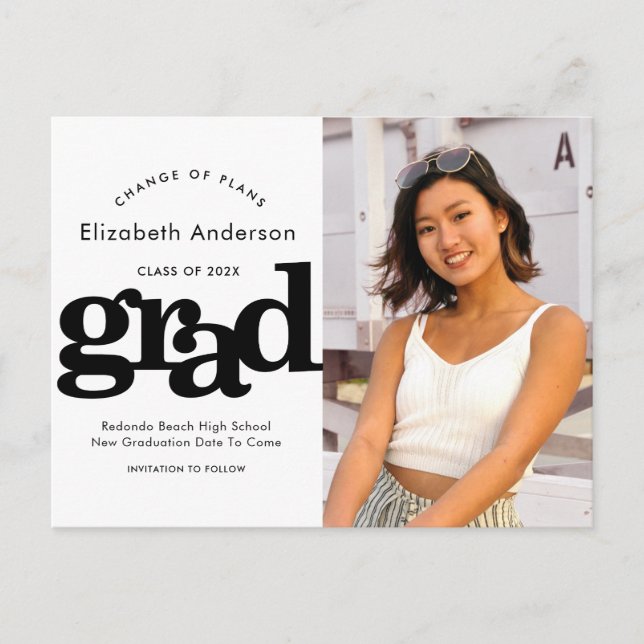 Change of plans graduation bold black typography invitation postcard (Front)