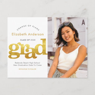 Change of plans graduation bold gold typography invitation postcard