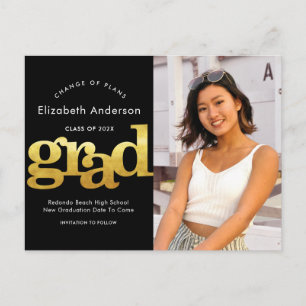 Change of plans graduation gold black typography invitation postcard