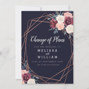 Change of Plans Modern Burgundy Navy Wedding Announcement