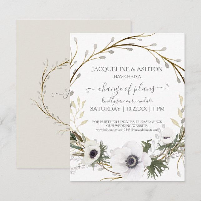Change of Plans Modern Grey White Floral Greenery Invitation (Front/Back)