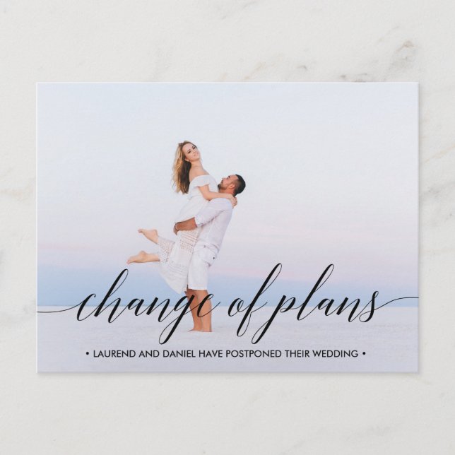 CHANGE OF PLANS Modern typograpy landscape photo Announcement Postcard (Front)