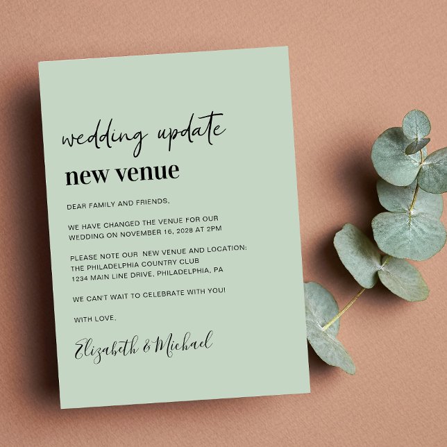 Change of Plans New Venue Sage Wedding Update Announcement (A chic change of venue announcement. Our user-friendly template allows you to easily customize)