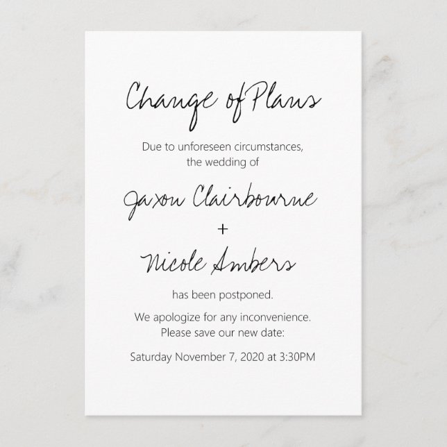 Change of Plans Postpone Wedding Enclosure Card (Front)