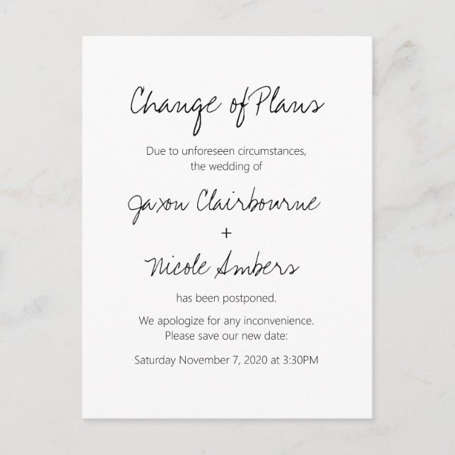Change of Plans Postpone Wedding Event Postcard (Front)