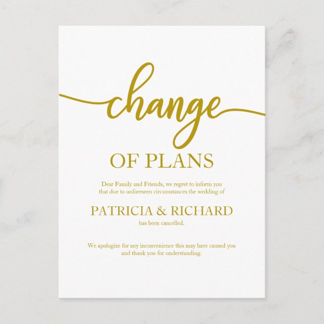 Change Of Plans Postponed Cancelled Wedding Gold Postcard (Front)
