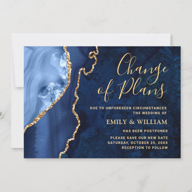 Change Of Plans Postponed Modern Gold Blue Marble Invitation (Front)