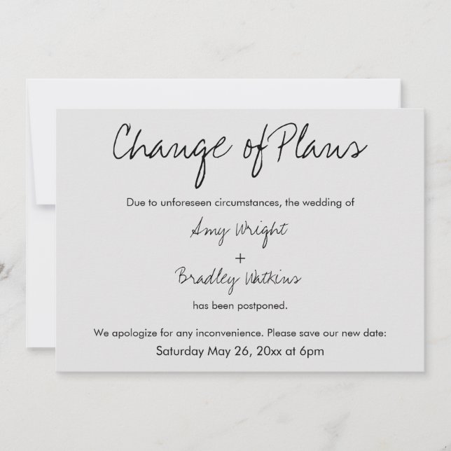 "Change of Plans" Postponed Wedding Grey Card (Front)