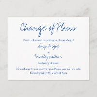 Change of Plans Postponed Wedding Navy White Card