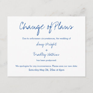 Change of Plans Postponed Wedding Navy White Card