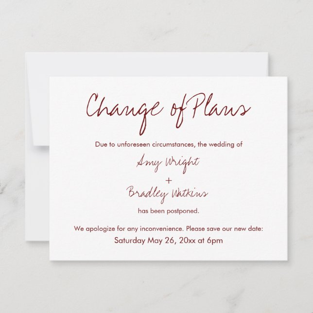 Change of Plans Postponed Wedding Red & White Card (Front)