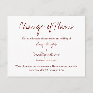 Change of Plans Postponed Wedding Red & White Card
