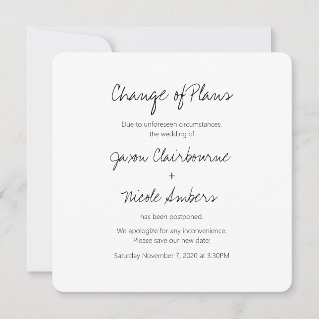 Change of Plans Reschedule Photo Wedding or Event Invitation (Front)