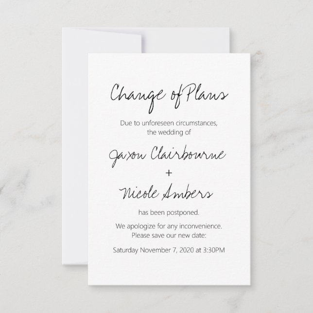 Change of Plans Reschedule Photo Wedding or Event Invitation (Front)