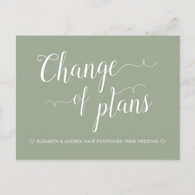 Change of Plans Sage Green Wedding Postponement Announcement Postcard (Front)