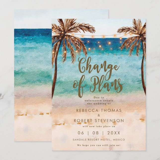 change of plans tropical beach wedding invitation (Front/Back)