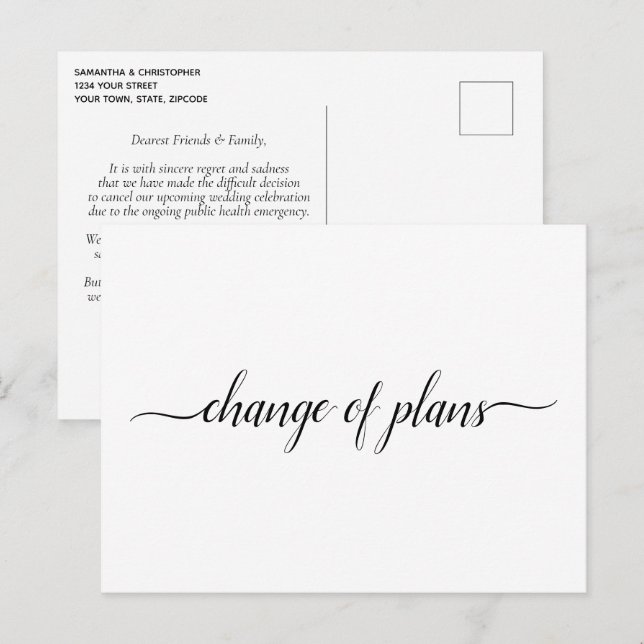 Change of Plans Wedding Cancellation Postponement Announcement Postcard (Front/Back)