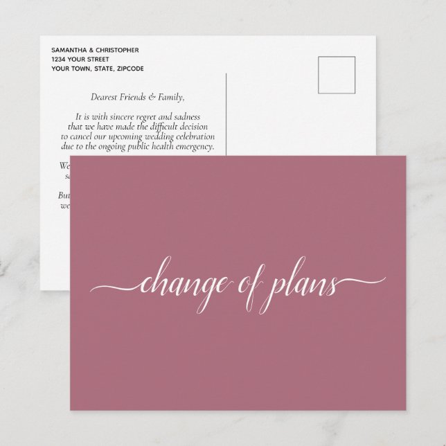 Change of Plans Wedding Cancelled Postponed Rose Announcement Postcard (Front/Back)