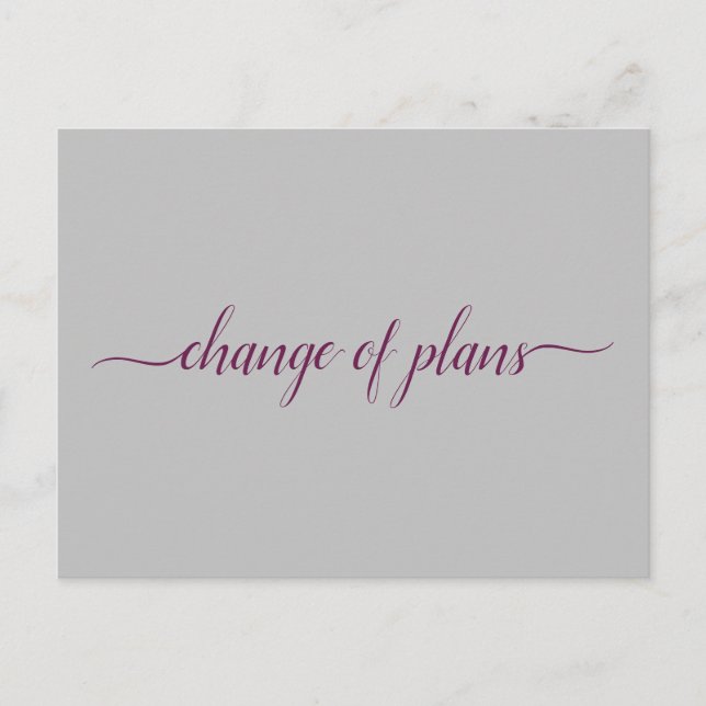 Change of Plans Wedding Postponed Cassis & Grey Announcement Postcard (Front)