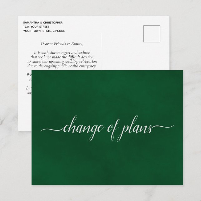 Change of Plans Wedding Postponed Emerald Green Announcement Postcard (Front/Back)