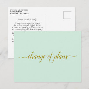 Change of Plans Wedding Postponed Gold Mint Green Announcement Postcard