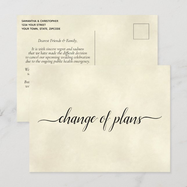 Change of Plans Wedding Postponement Ivory Announcement Postcard (Front/Back)