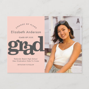 Change plans graduation bold typography blush pink invitation postcard