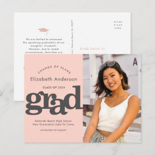 Change plans graduation bold typography blush pink invitation postcard