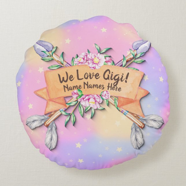 Change Text Add Name Boho Flower Arrows Pinks Round Cushion (Back)