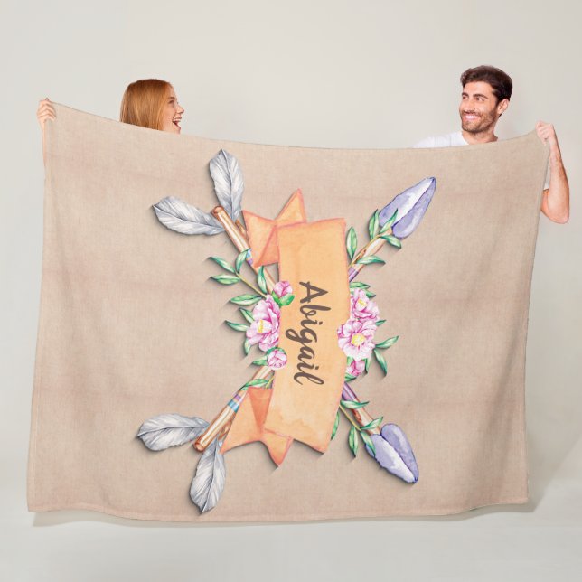 Change Text Add Name Boho Flower Arrows Soft Brown Fleece Blanket (In Situ)