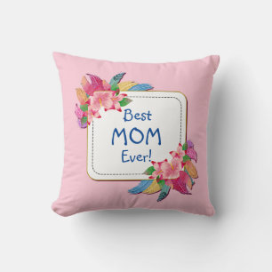 Change Text Add Name Boho Flower Feathers Best Mum Cushion