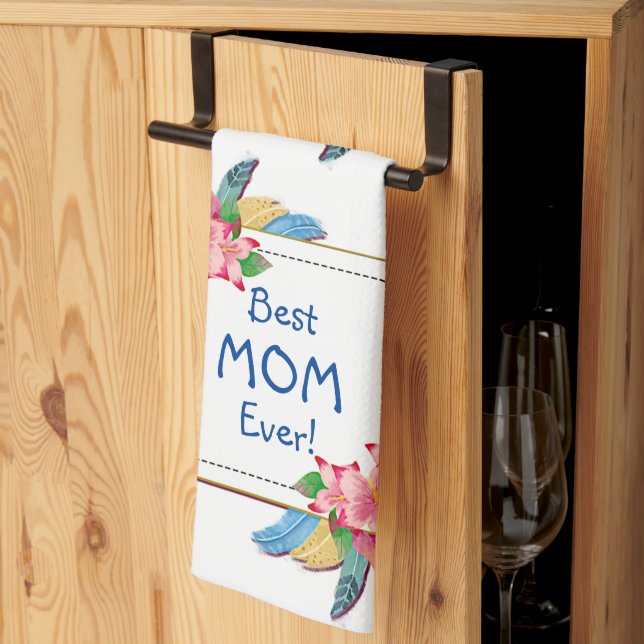 Change Text Add Name Boho Flower Feathers Best Mum Tea Towel (Thirds Fold)