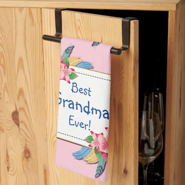 Change Text Add Name Boho Flower Feathers Grandma  Tea Towel (Thirds Fold)