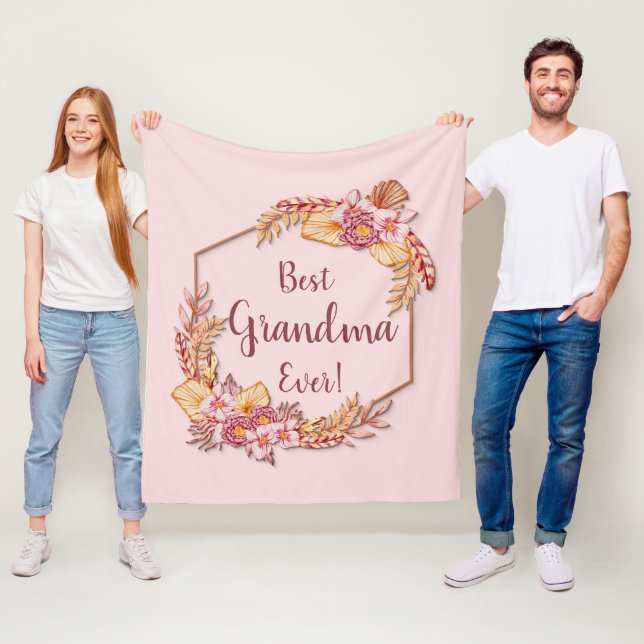 Change Text Add Name Boho Flower Frame Best Grandm Fleece Blanket (In Situ)